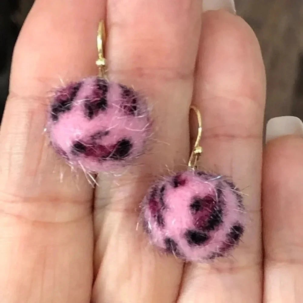 Pink Leopard Fuzzy Furry Pom Pom Drop Earrings NWT
